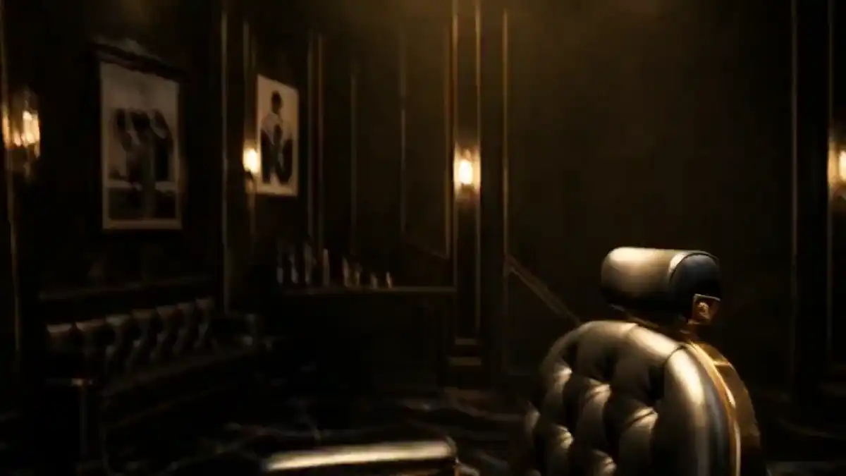 Inside Barberhood barbershop in JVC, Dubai — a tufted leather barber chair under warm lamplight